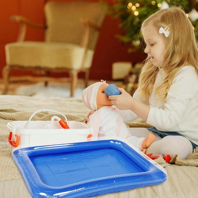 NOLITOY Portable Mini Swimming Pool Sand Tray Air Filled Water Play Accessories for 12 Inch Dolls Girls Kids Summer Bathroom Sensory Toys Transparent Blue PVC Outdoor Indoor 23.62 X 17.71 X 5.90 Inch