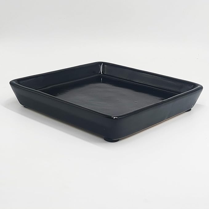 Square Ceramic Plant Saucer Tray 2 Pcs 4 Inch Black, 4.8" OD x3.9 ID x0.7 Deep| Sturdy Heavy Duty Glazed Planter Drip Flower pots with Catch Basin for Indoor Outdoor Plants(4" Black)