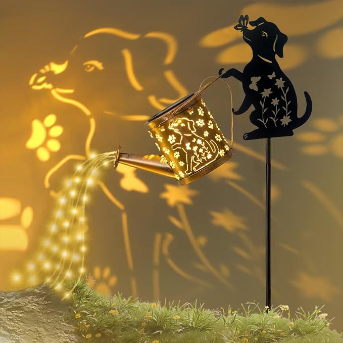 Outdoor Dog Statue Solar Watering Can with Lights, Complete with Netal Dog Silhouette Garden Stake. Ldeal for Garden, Lawn and Courtyard Decoration, A Unique Gift for Mothers and Women.