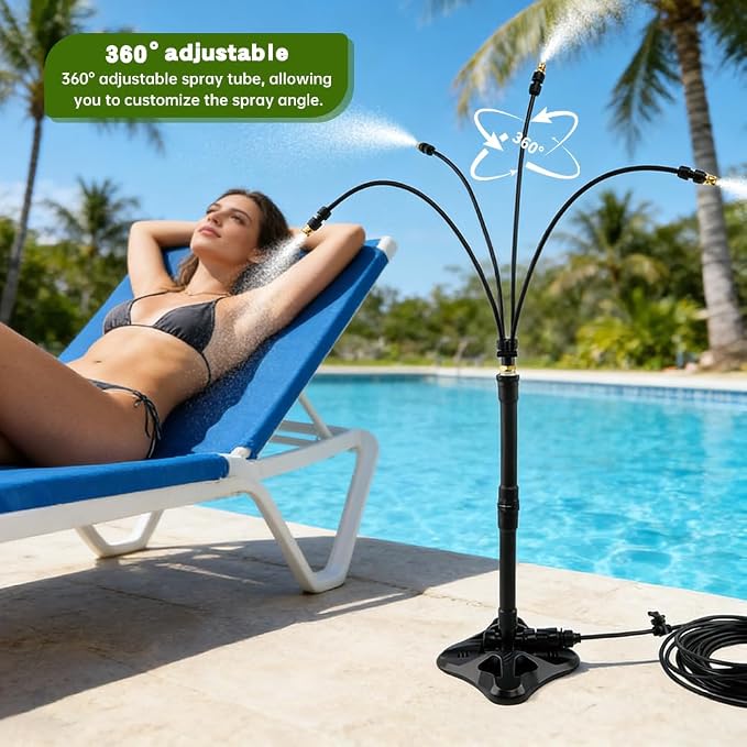 Standing Misters for Outside Patio, 35Inch Adjustable Height Misting Sprinkler with 4 Nozzles, Cooling Misting System Line 26.25FT, Anti-Leak Design, Outdoor Mister for Garden, Backyard, BBQ