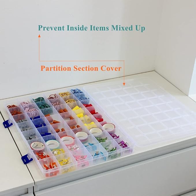 2 Pack Fixed 48 Grids Clear Plastic Divider Storage Box, Transparent Organizer Container Case for Bead, Button, Jewelry, Diamond, Craft, Small Parts, Sewing Kit，DIY Accessories