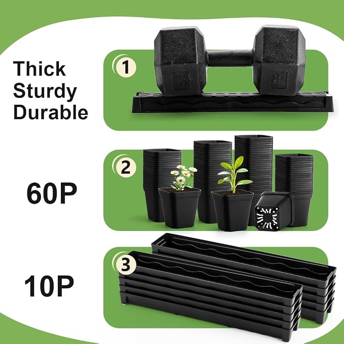 RooTrimmer 10 Pack Plastic Windowsill Saucer with 2.8 inch (7CM) Square Nursery Pots 60pcs, Rectangular Window Sill Plant Pot Trays with Removable Drainage Hole, Thick Plant Saucer Tray (Black)
