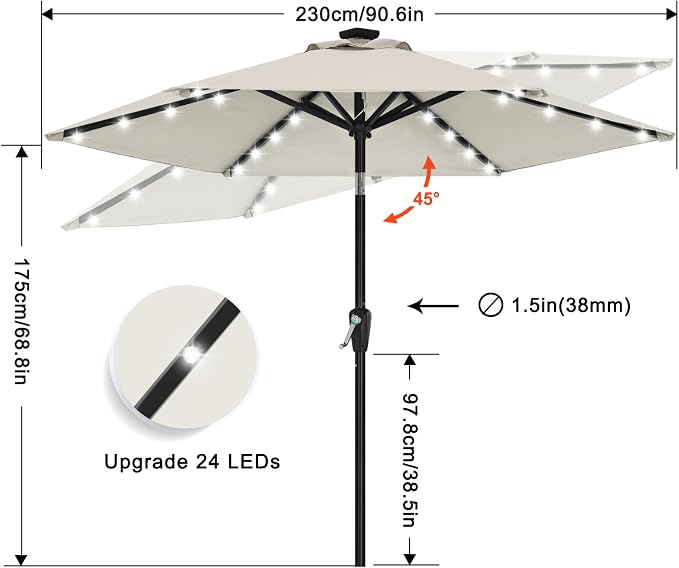 ABCCANOPY Durable Solar Led Patio Umbrellas with 32LED Lights 7.5FT (Light Beige)