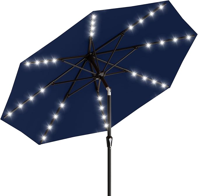 AreShark 9FT Patio Umbrella with Solar Lights, 32 Lighted Pool Umbrella w/Tilt and Crank, Outdoor Market Solar Umbrellas for Garden, Deck, Backyard, Pool and Beach, Navy