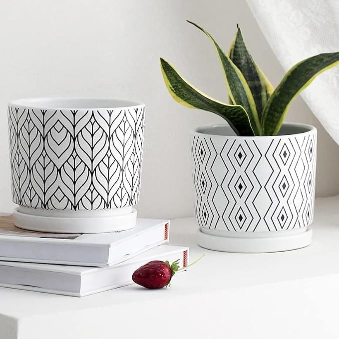 Yukfona Ceramic Plant Saucer Tray 2 Pcs 6.4 Inch White, 6.4" OD x6.02 ID x0.9 Deep| Fits Flower pots Bottom≤ 6", Heavy Duty Glazed Round Planter Drip with Catch Basin for Indoor Outdoor Plants