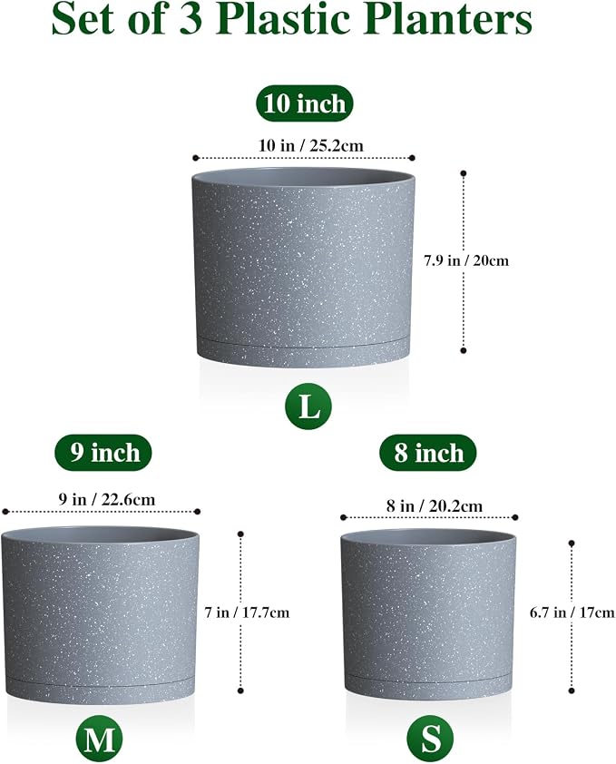 Plant Pots, 10/9/8 Inch 3 Pack Cylindrical Flower Pots with Drainage Holes and Saucers, Plastic Planters for Outdoor Indoor Plants,Grey with White Speckles
