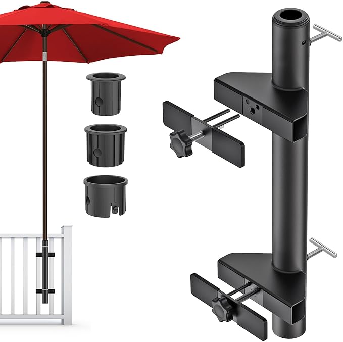 Dolibest Heavy-Duty Patio Umbrella Holder, Deck Mount Umbrella Holder & 3 Sleeves Fits 1-1.9" Poles, Outdoor Umbrella Railing Mount, Attaches to Railing Maximizing Outdoor Patio Space & Shade, Black