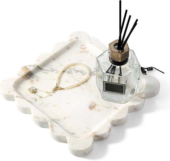 Karibiber Calacatta Marble Tray, 8in White Small Scalloped Tray, Decorative Trinket Dish, Premium Square Bathroom Vanity Tray for Earrings Rings Necklaces, Unique Stone Jewelry Dish Gift