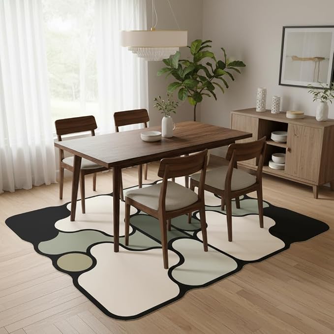 Stylish Organic Shaped Rug for Living Room Bedroom Diningroom Hallway Dorm Beige Black Green Irregular Geometric Pattern Funny Carpet Non Shedding Soft Thin Washable Quick Dry Low Pile Mats 10x12