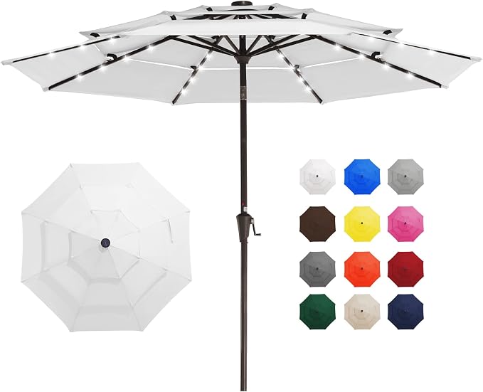 JEAREY 3 Tiers Patio Umbrella with Solar Lights 9ft Outdoor Market Table Umbrellas with Push Button Tilt for Outside Pool Garden, Creamy-white