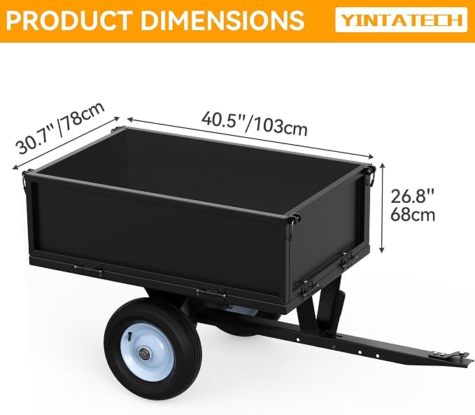 YINTATECH ATV Trailer Steel Dump Cart,Heavy Duty Pull Behind Dump Trailer with Fold-Down Side Panels, Yard Garden Utility Trailer for Lawn Mower Trailer Tractor, Alloy Steel, Black