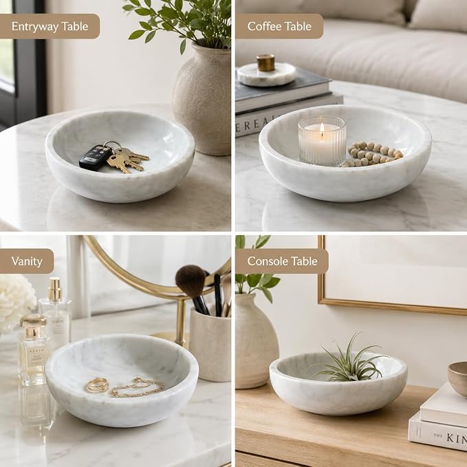White Marble Decorative Bowl, 7.87-Inch | Natural Stone Catchall Bowl for Keys, Jewelry, Sunglasses and Small Decor, Coffee Table Centerpiece, Entryway Table
