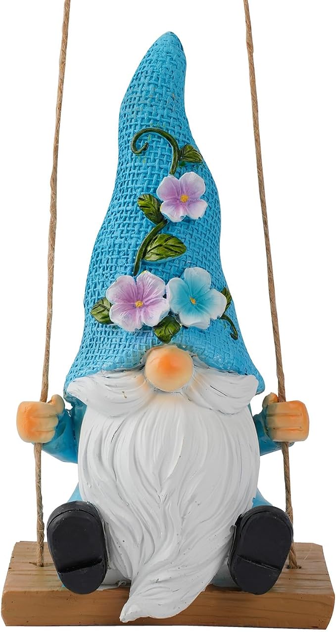 Hanging Garden Gnomes Outdoor Decor, Funny Gnome on Swing Figurine for Yard Tree, Miniature Whimsical Fairy Garden Ornament & Spring Gifts for Women, Resin Sculpture