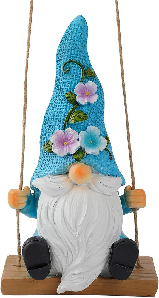 Hanging Garden Gnomes Outdoor Decor, Funny Gnome on Swing Figurine for Yard Tree, Miniature Whimsical Fairy Garden Ornament & Spring Gifts for Women, Resin Sculpture