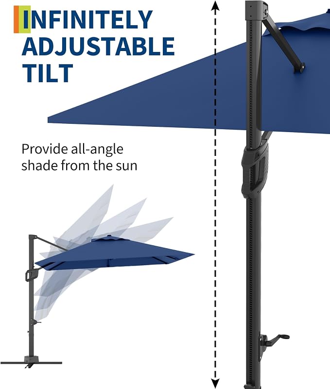 PeakPursuit 10' x 10' Square Cantilever Umbrella - Heavy Duty Aluminum Patio Sun Shade Offset Umbrella with 360-Degree Rotation for Outdoor Decor, Backyard, Deck, Pool
