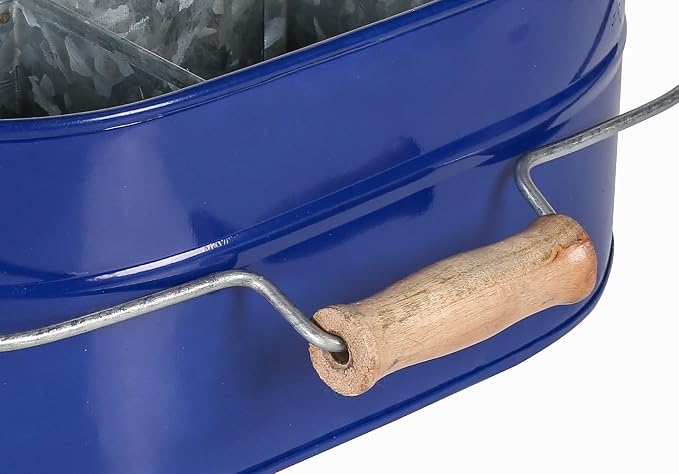 Alpha Living Home 4 -Section Galvanized Utensil Silverware Caddy - Farmhouse Organizer with 4 Compartments and Wooden Handle - Versatile Storage for Kitchen, Outdoor & Party Essentials (Blue)