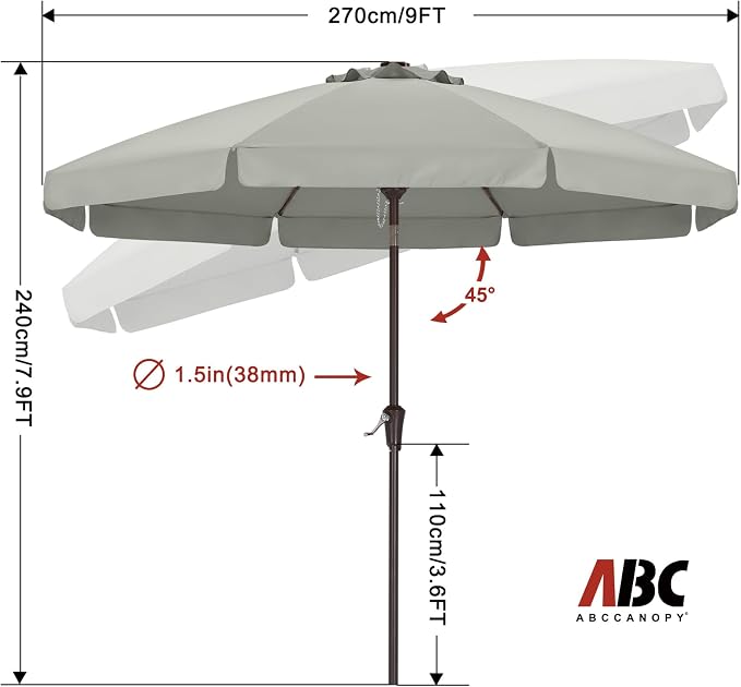 ABCCANOPY 9ft Scalloped Patio Umbrella, Outdoor Table Umbrella with Tilt and Crank, Fiberglass Ribs Deck Umbrella for Patio, Pool, Garden, Picnic (Light Gray)