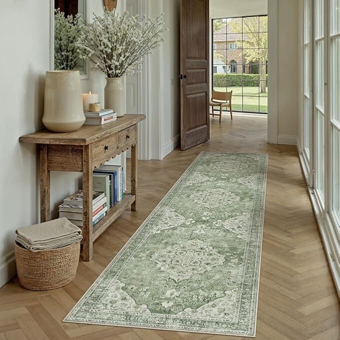 Sage Green Runner Rug 2x8 Kitchen Vintage Floral Non-Slip Carpet | Machine Washable, Soft, Low Pile, Distressed, for Hallway, Entryway, Laundry Room, Bathroom, Retro Farmhouse Decor