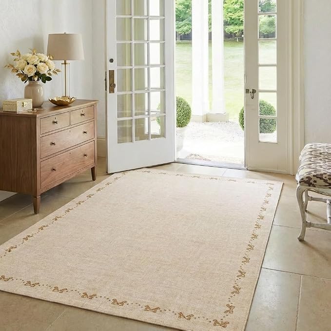 COZYLOOM Rugs for Living Room 4x6 Modern Bow Area Rugs for Bedroom, Solid Color Washable Area Rug with Non Slip Backing, Non Shedding Low Pile Carpet Stain Resistant Mats for Entryway Nursery, Beige