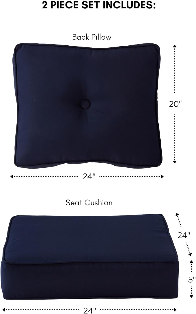 Sunbrella Deep Seat Cushion Set – Seat & Back Cushions for Patio Chairs, Sofas & Loveseats – Fade Resistant Outdoor Fabric, Ties, Zippered Cover, Cord Trim, Canvas Navy