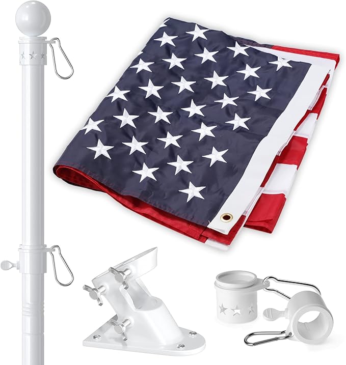 7FT Flag Pole with American Flag for Outside House and Portable Use, Heavy Duty Flagpole Kit with 3x5 Embroidered USA Flag, Tangle Free Steel Pole for Flags with Bracket, White Color