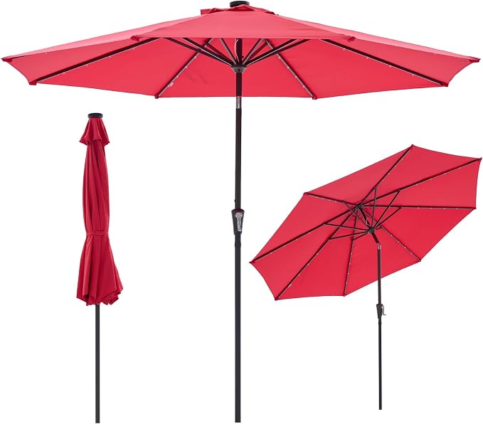 NEWBULIG 10ft Solar Patio Umbrella with 32 LED Lights, Table Market Umbrella with Tilt Adjustment & Crank Lift, Outdoor Sun Umbrella for Garden, Deck, Backyard, Pool and Beach