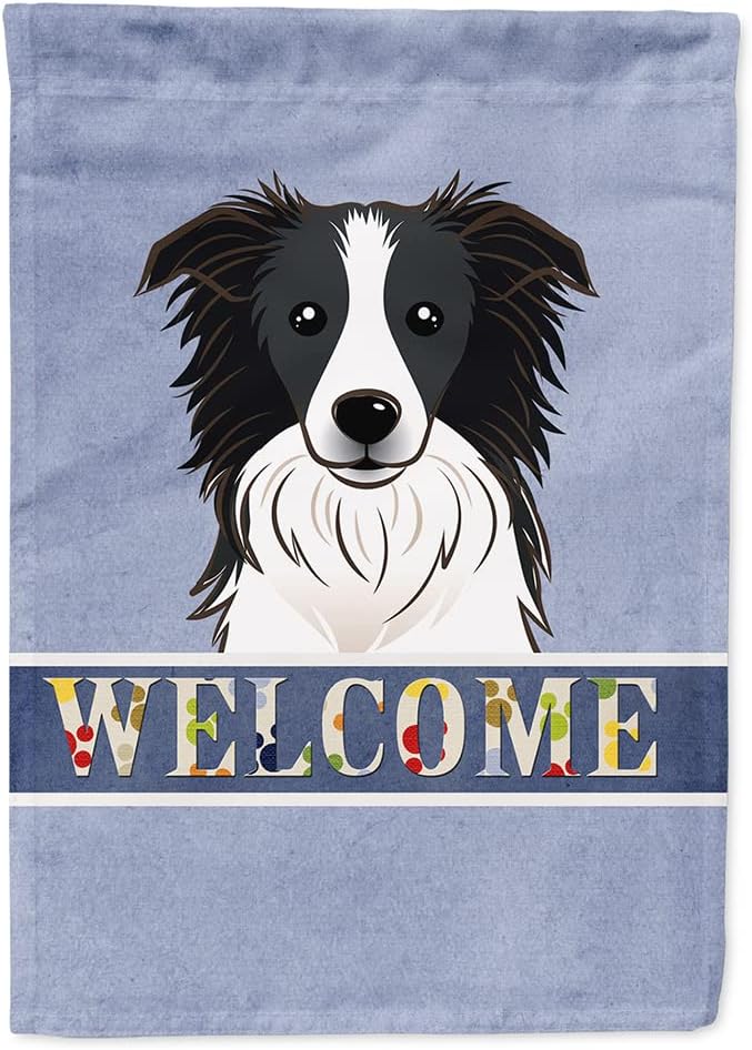 Caroline's Treasures BB1427CHF Border Collie Welcome House Flag, Blue Large Porch Sleeve Pole Decorative Outside Yard Banner Artwork Wall Hanging, Polyester, House Size, Multicolor