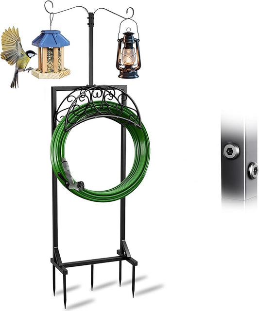 5-Spike Garden Hose Holder Freestanding with 2 Shepherds Hooks, Heavy Duty Water Hose Stand for Outside, Decorative Metal Hose Hanger Rack for Hanging Bird Feeders, Hose Storage for Yard