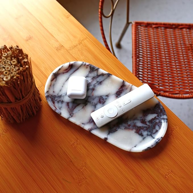 DUANYAN Natural Marble Tray, Coffee Table, Food, Fruit, Paper Cup, Cake Display, Coffee bar, Family Gatherings, Seasonal Holiday Decoration Tray(Viola-oval-11 x5 x0.7)