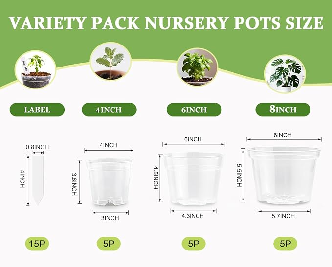 RooTrimmer 15 Pack 8/6/4 Inch Clear Nursery Pots with Drainage Hole, Transparent Plastic Plant pots, Sturdy Planting Starter Pots for Seedlings Herbs Flowers Vegetable (Clear-15P)