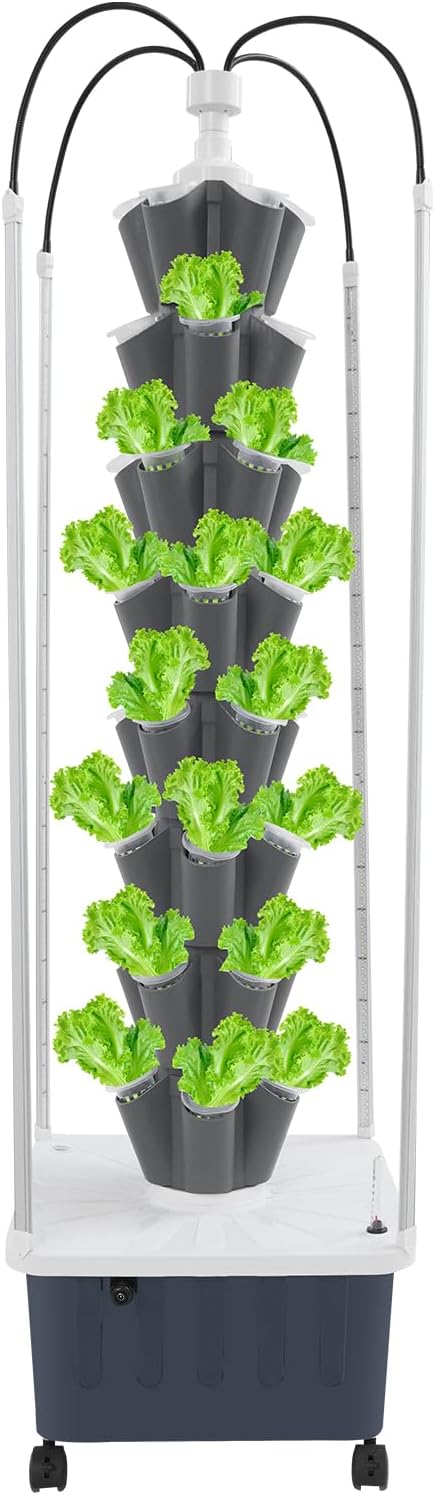 Hydroponic Growing Tower with Grow Lights, 40 Holes Vertical Planter Tower Hydroponics Growing System Kit with Wheels, for Fruits, Vegetables, Herbs and Miniature Greens (White)