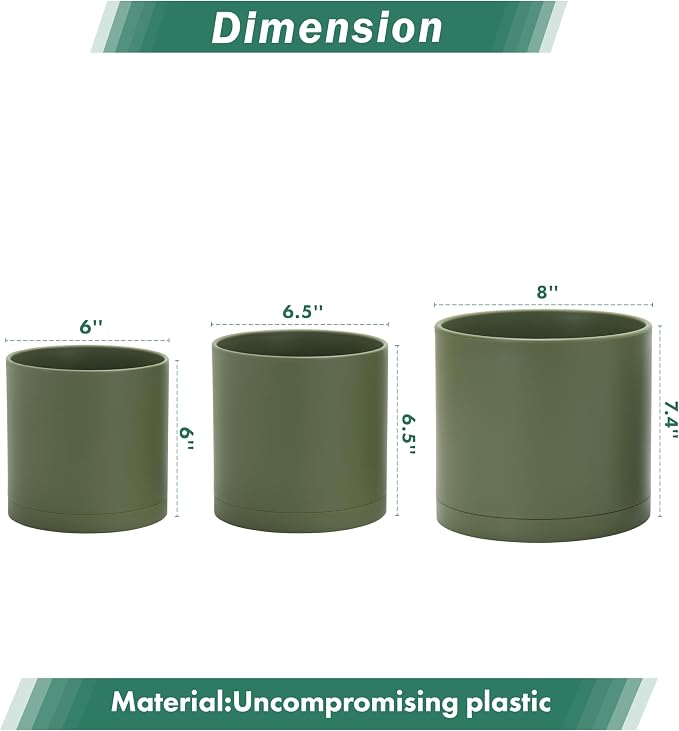 D'vine Dev 6 Inch 6.5 Inch 8 Inch, Set of 3 Plastic Planter Pots for Plants with Drainage Hole and Seamless Saucers, Olive, Medium, 74-V-I-3