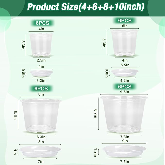 4/6/8/10 Inch Clear Nursery Pots with Drainage and Saucers, 24 Pack Clear Plant Pots, Variety Size Plastic Orchid Flower Pot for Indoor Outdoor