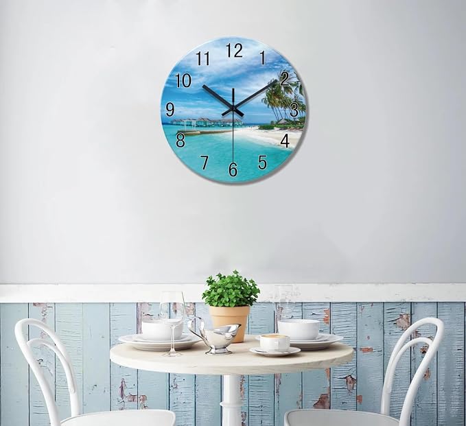 XFM Blue Beach Wall Clock 16 Inch Silent Coastal Nautical | Non-Ticking Battery Operated Modern Glass Decorative for Living Room Kitchen Bedroom Office