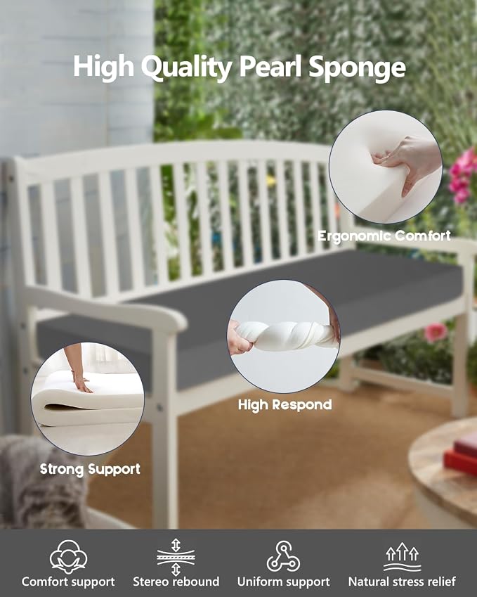 48x18x3“ Outdoor Bench Cushion, Strengthen Waterproof Seat Cushions, High-Density Bench Pad with Anti-Slip Bottom, Outdoor Cushion for Patio Garden Swing Furniture (Grey)