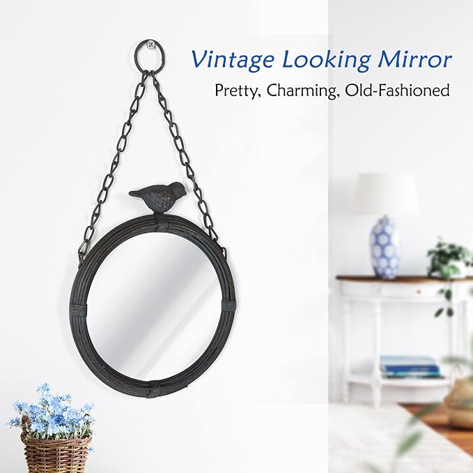 NIKKY HOME Shabby Chic Small Wall Mirrors Decor Decorative Metal Framed Hanging Round Mirror Vintage Rustic with Sparrow for Bathroom Living Room Office, Antiqued Black