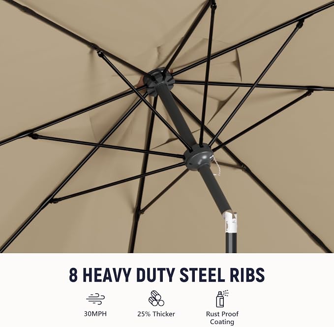 Outdoor Patio Umbrella with One Push Button Tilt and Crank, 8 Sturdy Ribs Market Table Umbrella