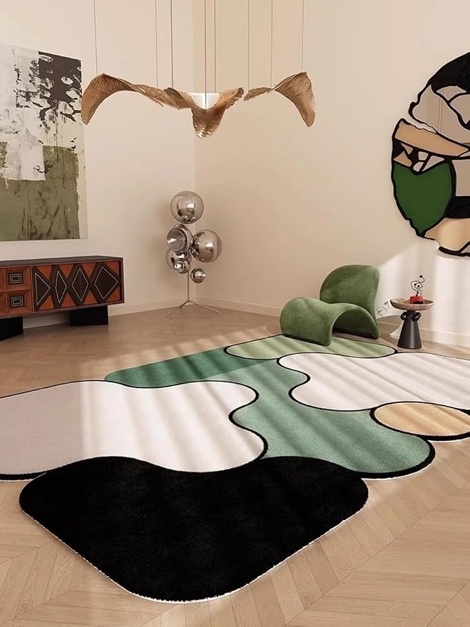 Modern Bedroom Irregular Area Rugs 7x12 Black Beige Green Geometric Pattern Odd Shaped Rug for Living Room Bedroom Nursery Farmhouse Dorm Home Office Carpets Washable Durable Thin Floor Mats