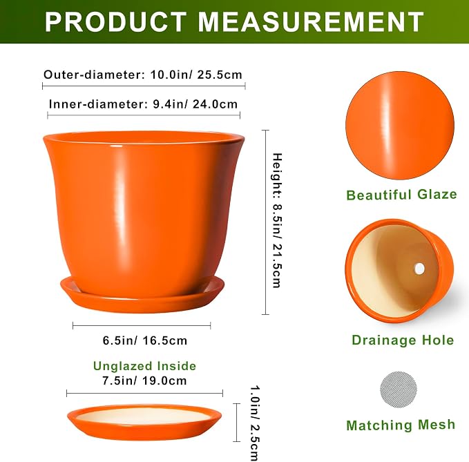 10 Inch Plant Pot - Ceramic Pots for Plants with Drainage Hole and Saucer, Round Planters for Indoor Outdoor Plants, Modern Decorative Planters, Room Home Decor, Gardening Gifts, Orange