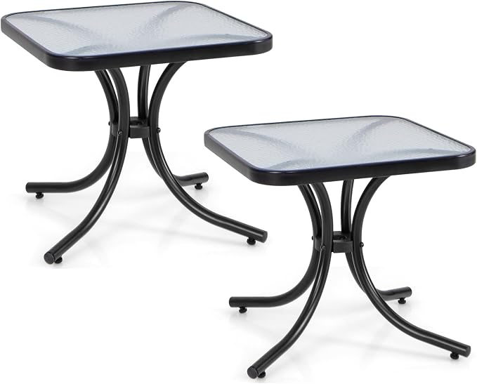 Giantex Small Outdoor Side Table with Tempered Glass Top Set of 2, Heavy-Duty Metal Frame, 110 Lbs Capacity, Square Patio Table for Balcony, Porch, Backyard, Deck, Black