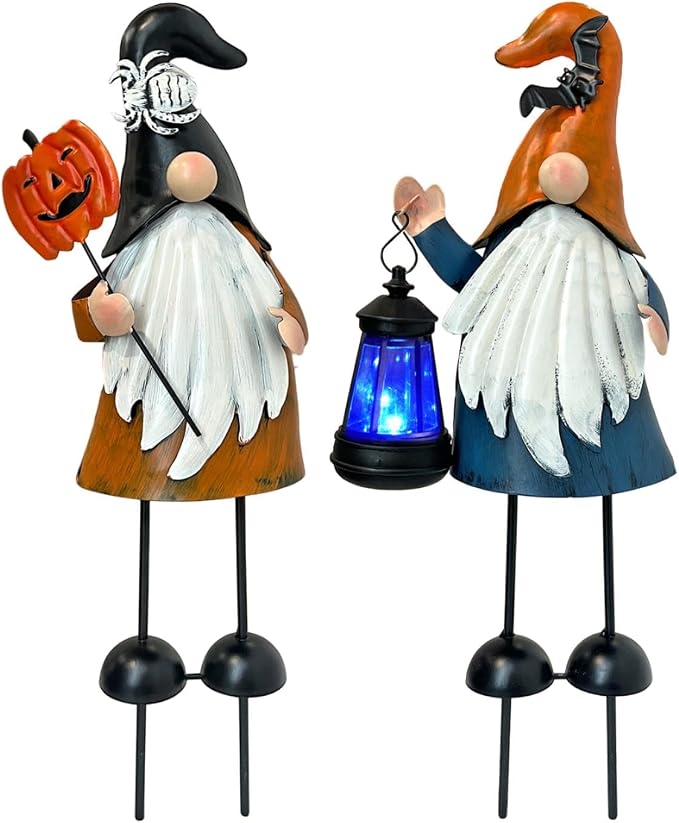 Halloween Decorations Outdoor Solar Gnomes with LED Lantern, Gnomes Metal Yard Art Halloween Outdoor Decor Patio Holiday Gardening Gifts for Mom Women