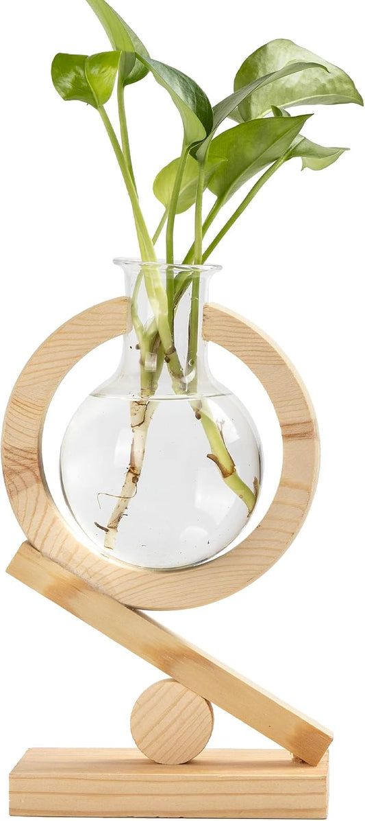 Glass Plant Propagation Station with Wooden Stand and Air Planter Bulb Vase, Planter Terrarium for Home Office Garden Boho Desk Decor,Mothers Day Vase (Natural Wood)
