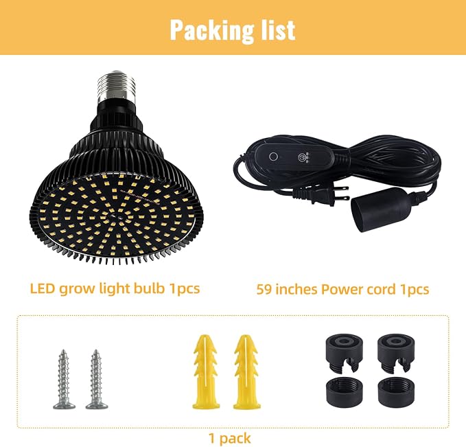 Hanging Grow Lights for Indoor Plants, 25W 5000K, LED Hanging Grow Light Bulbs with Timer, Height Adjustable Hanging Plant Light, Full Spectrum Pendant Grow Light for Seed Starting, Black