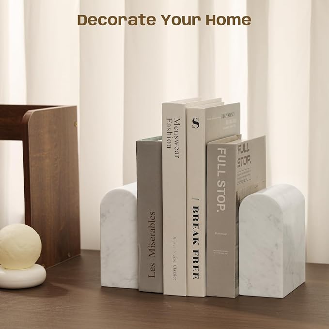 Marble Bookends for Shelves, Decorative Book Ends, 13lbs Heavy-Duty Marble Book Holders, Stone Bookshelf Decor, Carrara White