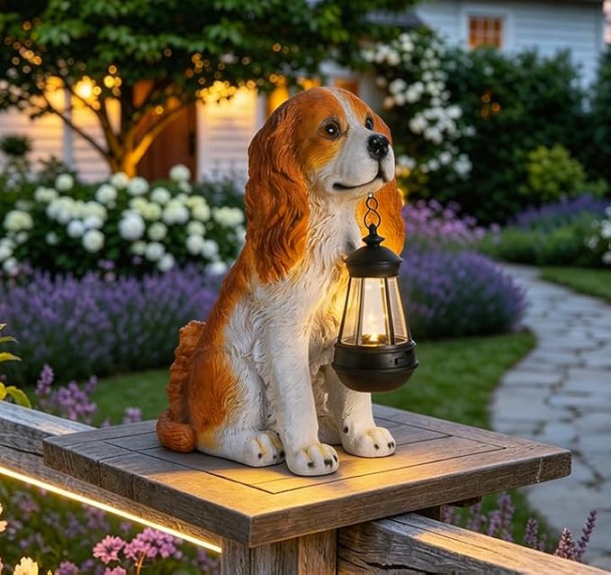 Afirst Dog Garden Statue - Outdoor Decor with Solar Lantern Valentine's Day Gift Lovely American Cocker Spaniel Figurine Patio Lawn Yard Art Ornaments Housewarming Gift