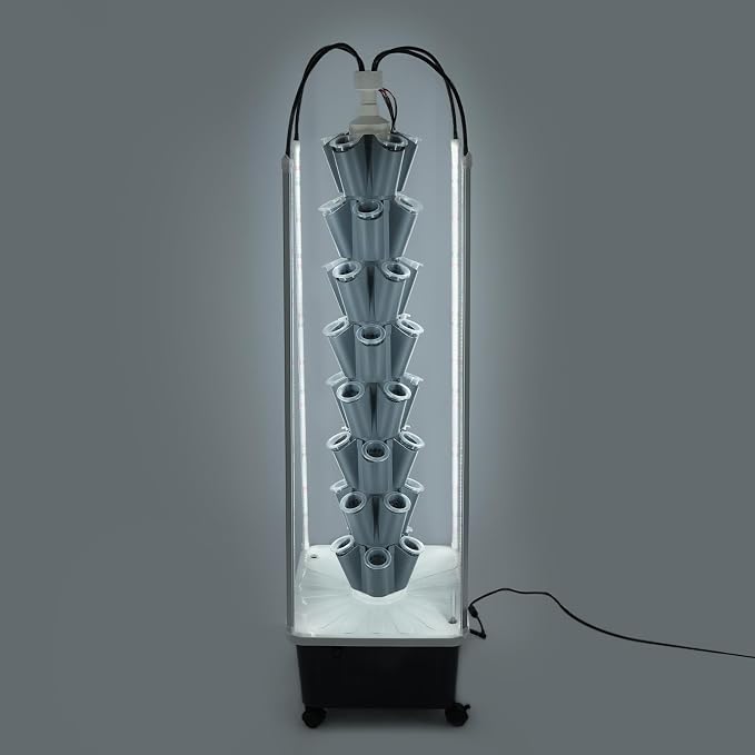 Hydroponic Growing Tower with Grow Lights, 40 Holes Vertical Planter Tower Hydroponics Growing System Kit with Wheels, for Fruits, Vegetables, Herbs and Miniature Greens (White)