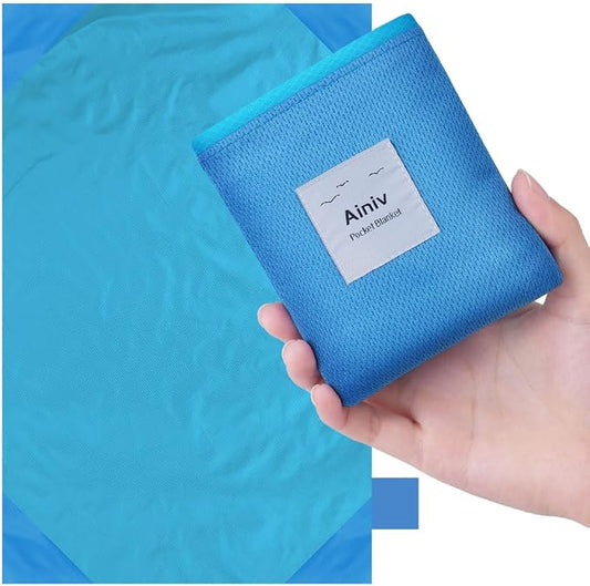 Ainiv Picnic Blanket, Mini Pocket Beach Mat 43.3 x 55.1IN (2-3 People) Foldable, Lightweight Waterproof Sand Free, Foldable Thin Ground Sheet for Outdoor Camping Hiking Travel - with Hand Strap