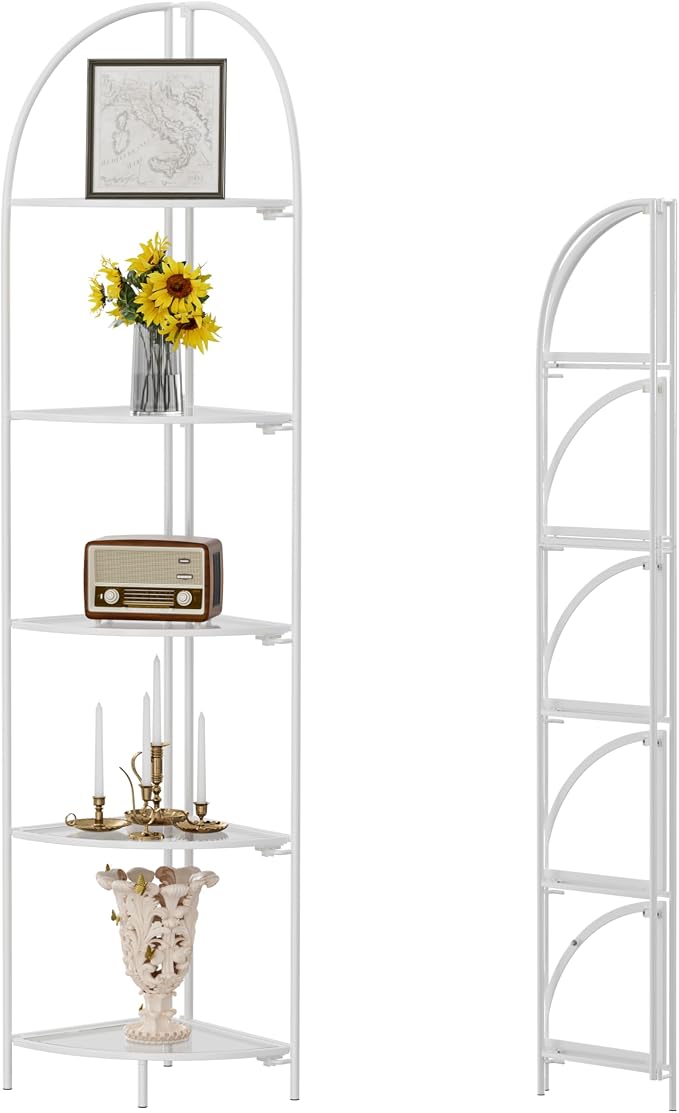 Crofy Foldable 5 Tier Corner Shelf, Metal Corner Plant Stand with White Frame and Transparent Shelves, Corner Display Rack Multipurpose Shelving Unit for Living Room, Bedroom, Bathroom