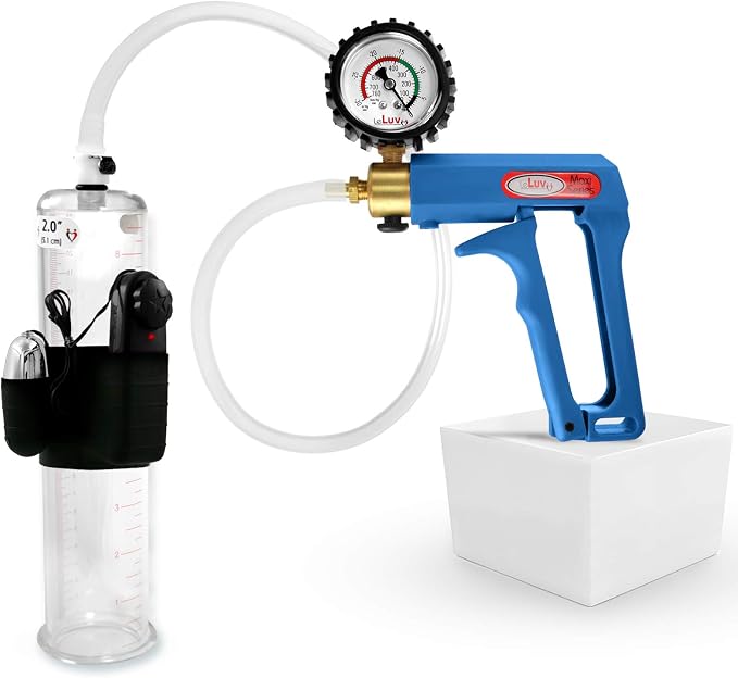 LeLuv Vibrating Penis Pump Maxi Blue Handle + Protected Gauge and Clear Hose - 9 inch Length x 2 inch Diameter Cylinder