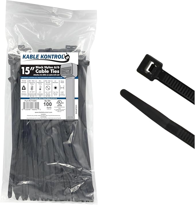 Kable Kontrol Heavy Duty Cable Zip Ties 100 Pcs 15 Inch Black, 250 Lbs Tensile Strength, Self-locking UV Resistant Plastic Nylon Wire Ties, for Indoor or Outdoor Use